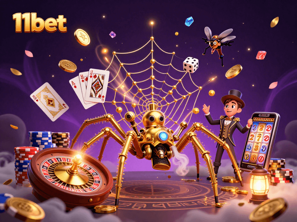 Experience the excitement of 11bet with a vivid steampunk casino illustration featuring golden coins and playful characters.