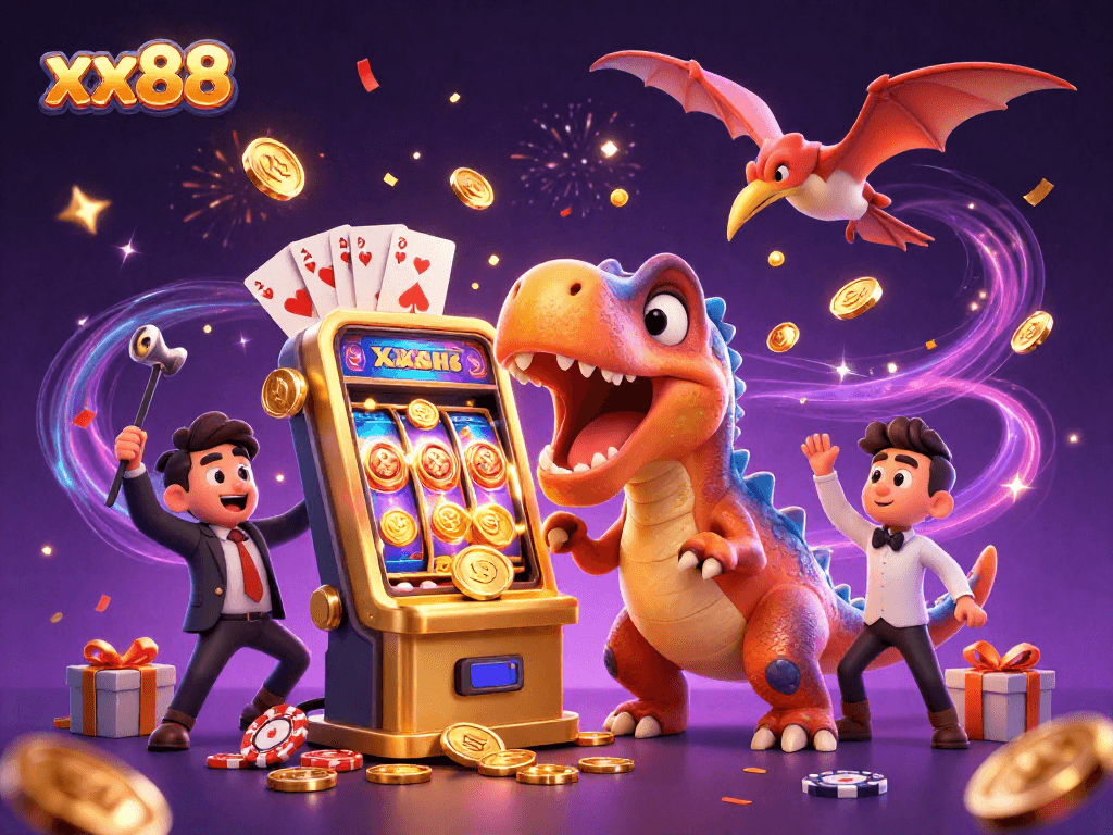 Experience the excitement of xx88 as playful dinosaurs celebrate a jackpot win in a dynamic casino scene.