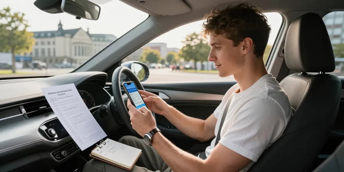 Kfz Versicherung in Dortmund vergleichen mit einem jungen Autofahrer in seinem modernen Fahrzeug und Smartphone, um Optionen zu prüfen.