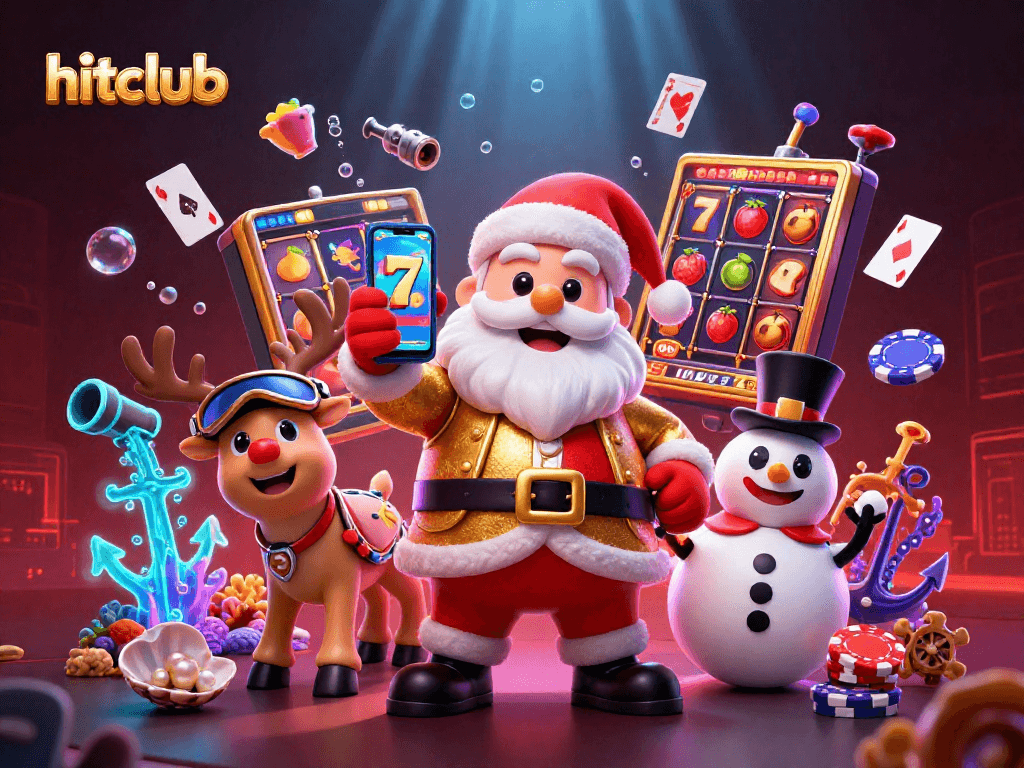 Hitclub offers an immersive gaming experience featuring Santa and friends celebrating jackpots in a vibrant casino.