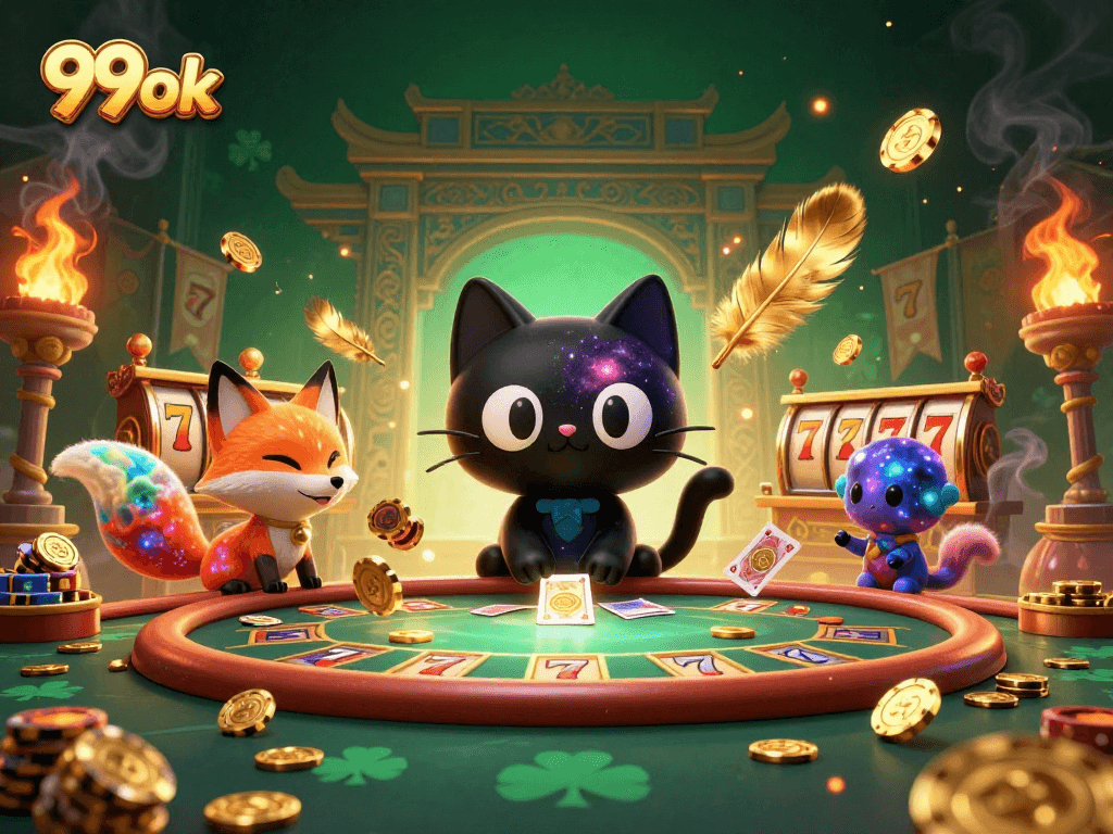 Spin the reels with 99ok's cosmic cat and nebula fox at a vibrant casino table.