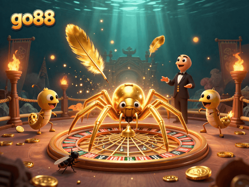 Engage with go88's dynamic 3D casino scene featuring a golden spider and thrilling bets.
