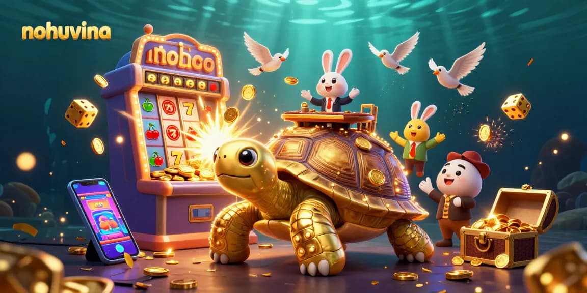 Play casino games at nohuvina, featuring a whimsical tortoise with a mini casino on its shell and golden coins.