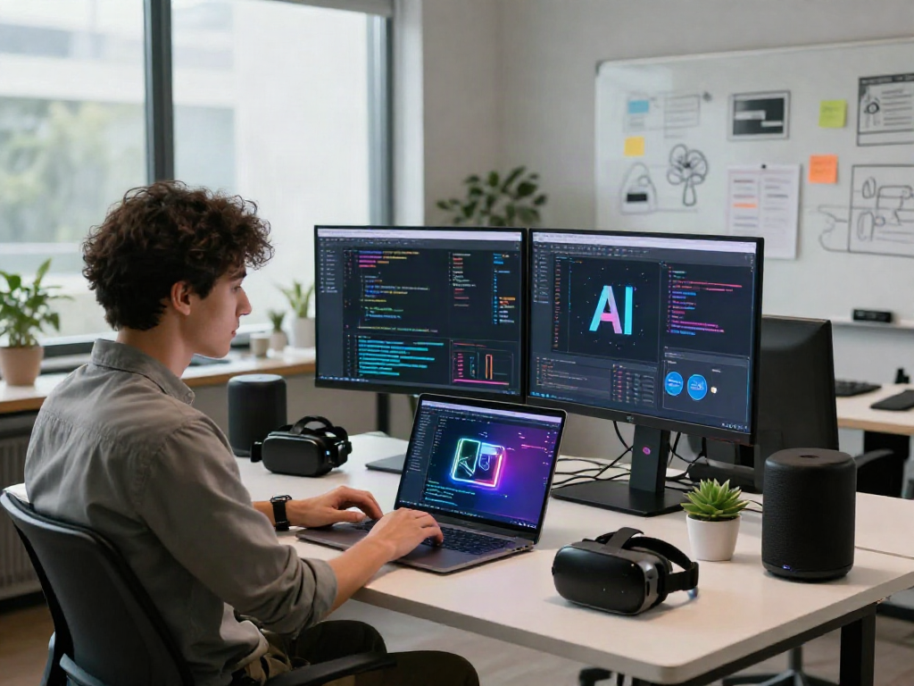 AI workspace with professional coding and data visualization, crushonai technology innovation scene.