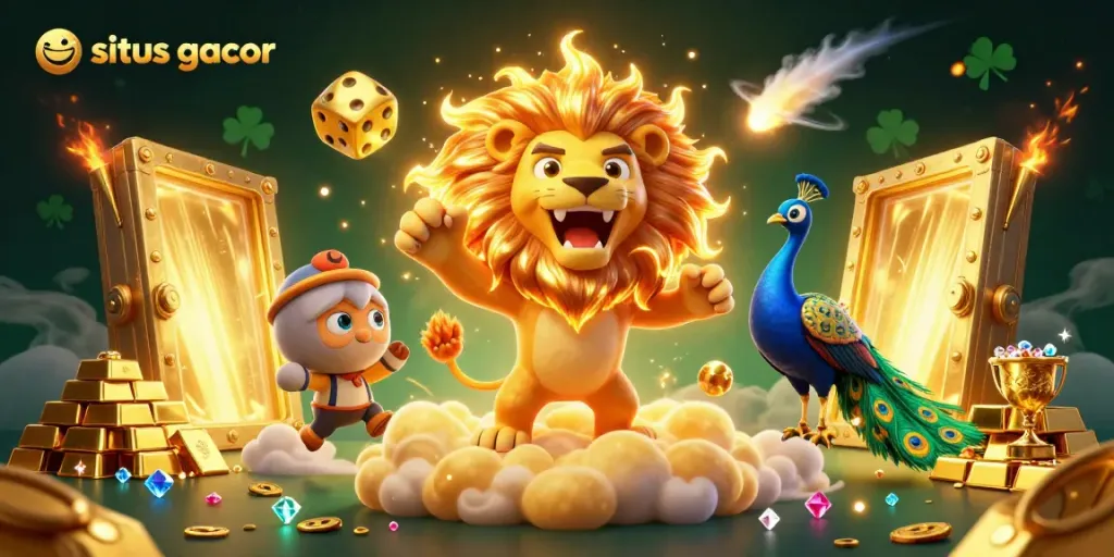 Experience exciting wins with situs gacor in a vibrant 3D casino scene filled with treasures.