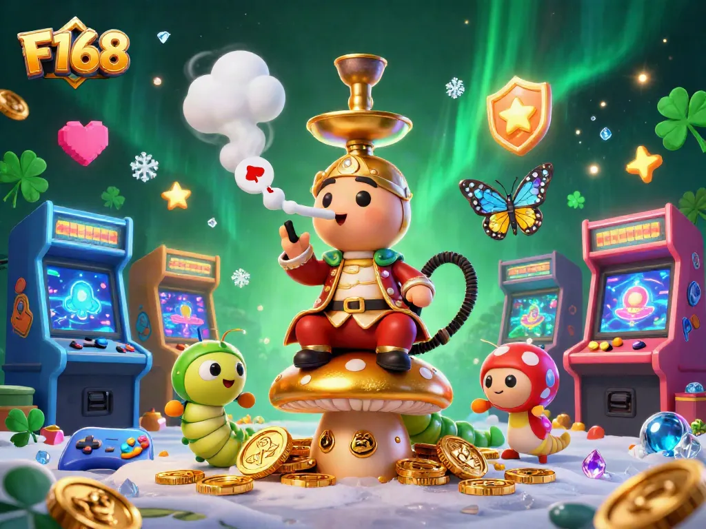 Engage with F168's vibrant casino experience featuring a whimsical caterpillar alongside interactive gaming elements.