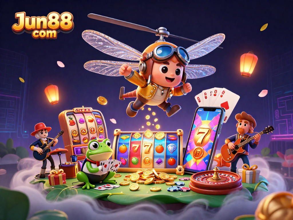 Experience the thrill of Jun88 com with a vibrant casino scene featuring a dragonfly pilot and frog dealer.