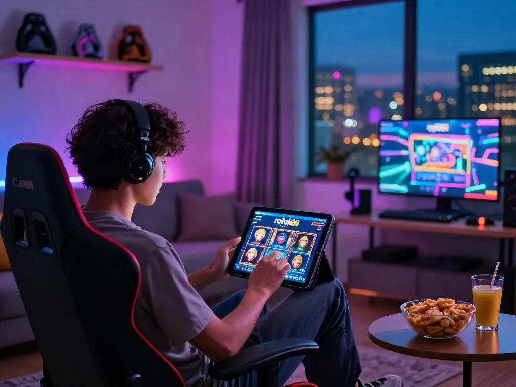 Person immersed in the rokok88 online slot gaming experience in a cozy living room with vibrant lighting.