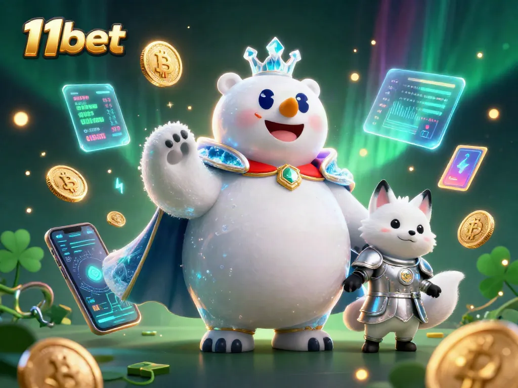Engage with 11bet's dynamic gaming universe illustrated through cartoon characters and cryptocurrency elements.