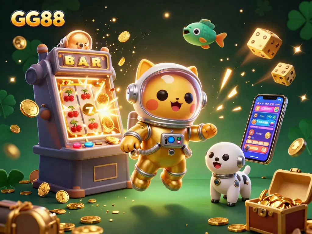 Experience winning spins with GG88's vibrant jackpot scene featuring an astronaut cat and dynamic casino elements.