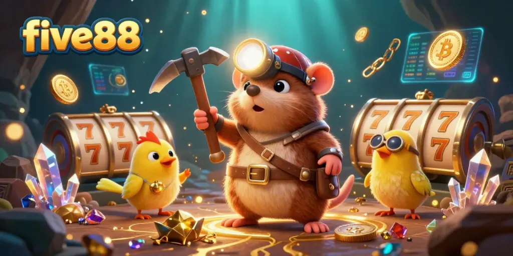 Bettors explore golden treasures at five88's dynamic slot games amidst sparkling gems.