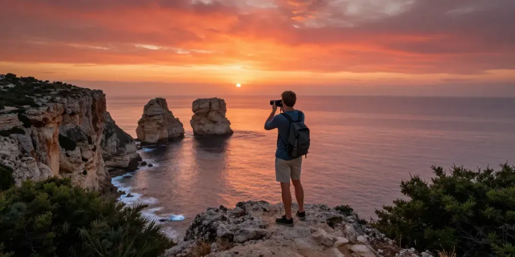 Adventurous traveler enjoying Gozo tours at scenic coastline during sunset.