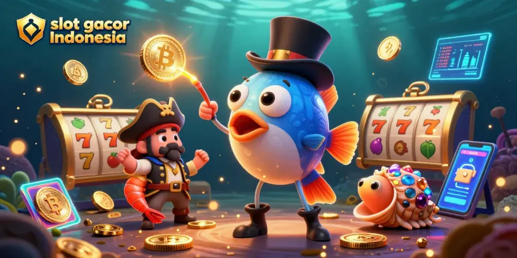 Experience the thrill of slot gacor Indonesia with a vibrant underwater casino scene featuring an anglerfish, shrimp, and sea snail.
