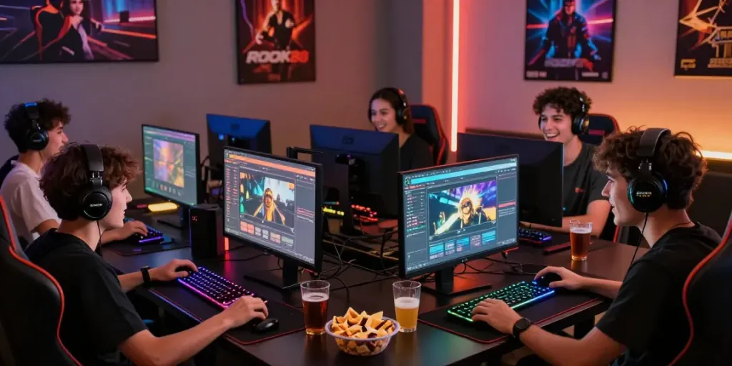 Players immersed in rokok88 rtp gaming experience with colorful setups and social atmosphere.