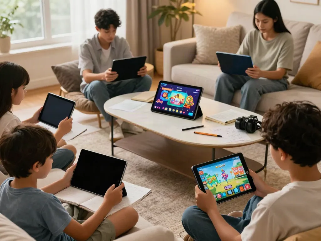 Interactive family gaming scene featuring rokok88 educational games in a cozy living room.