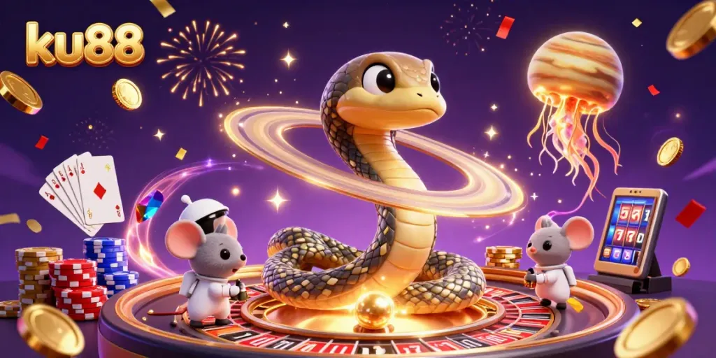 Experience thrilling bets at ku88 as the Saturn ring snake doubles as a roulette wheel, amidst cosmic fun!