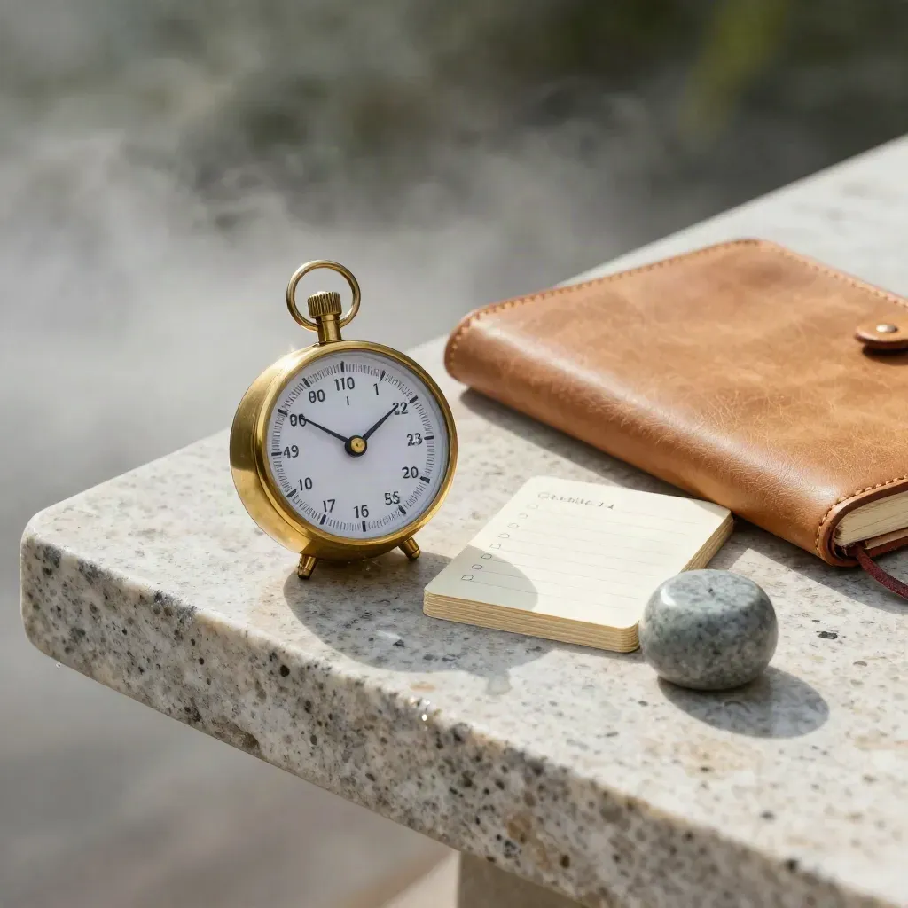 Brass timer, leather journal, cards and stone on rain-darkened limestone in misty first light.