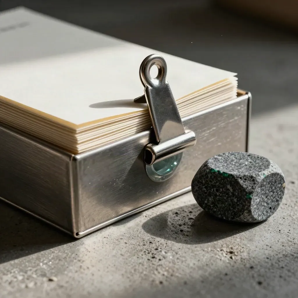 Macro still life of a steel clip, index box and paperweight on charcoal concrete.