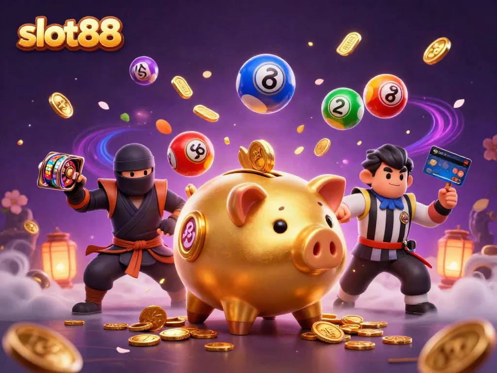 Experience the excitement of slot88 with a golden piggy bank wrestler and captivating casino elements.