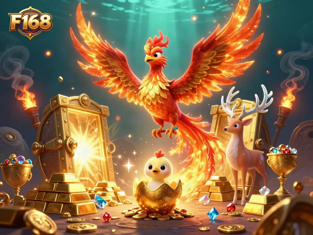 Experience F168's magical casino realm featuring iconic symbols and vivid treasures.