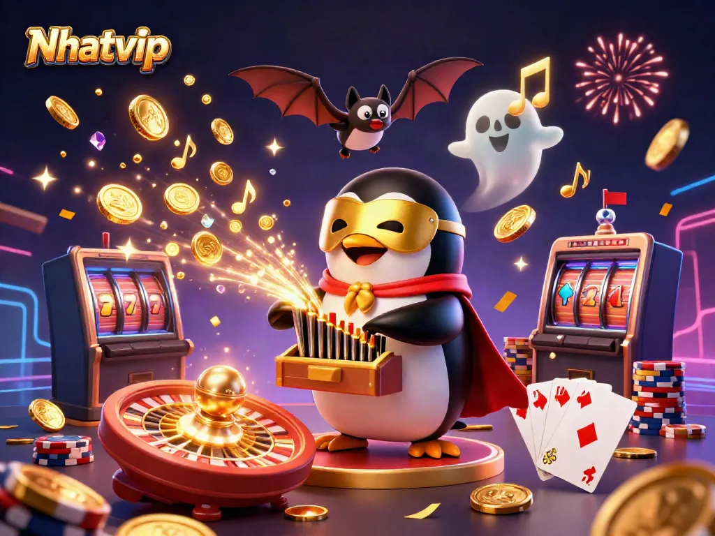 Nhatvip showcases vibrant casino energy with a gold-coin shooting penguin and lively gaming elements.