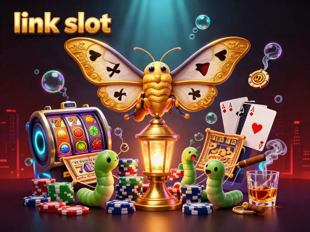 Win big with link slot: a vibrant 3D casino scene filled with golden moths and slot machines.