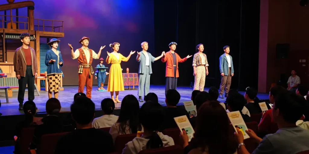 Engaging theatre performance showcasing rokok88 with vibrant costumes and captivated audience.