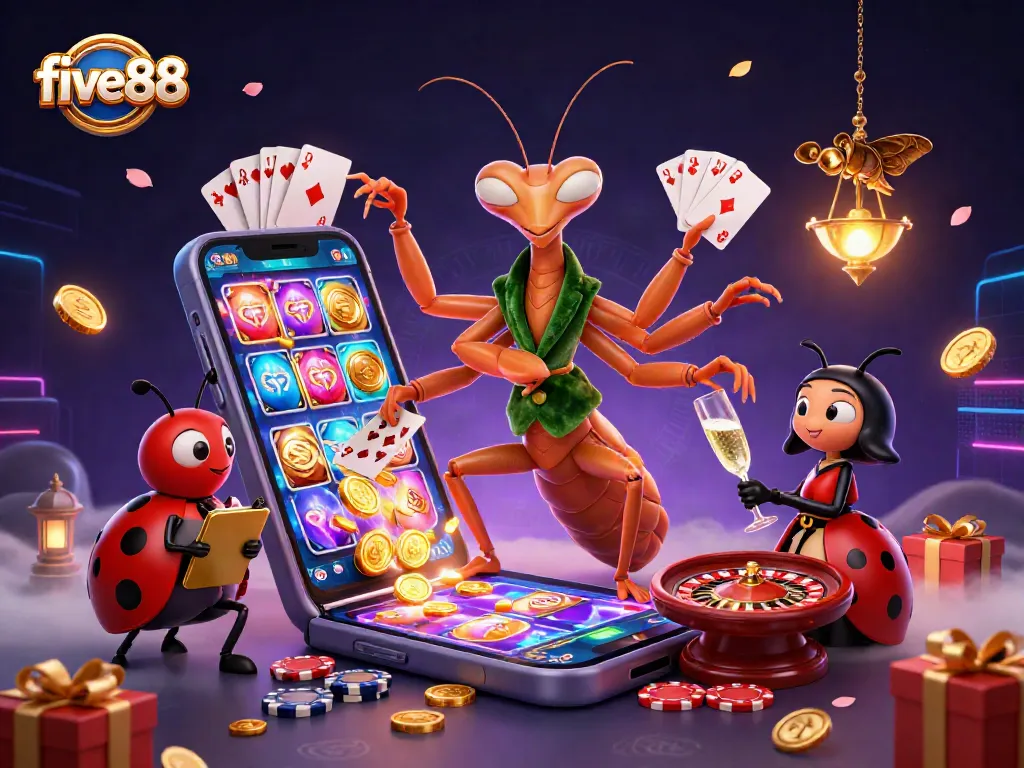 Experience thrilling gaming with five88 featuring a vibrant scene of animated gambling elements.