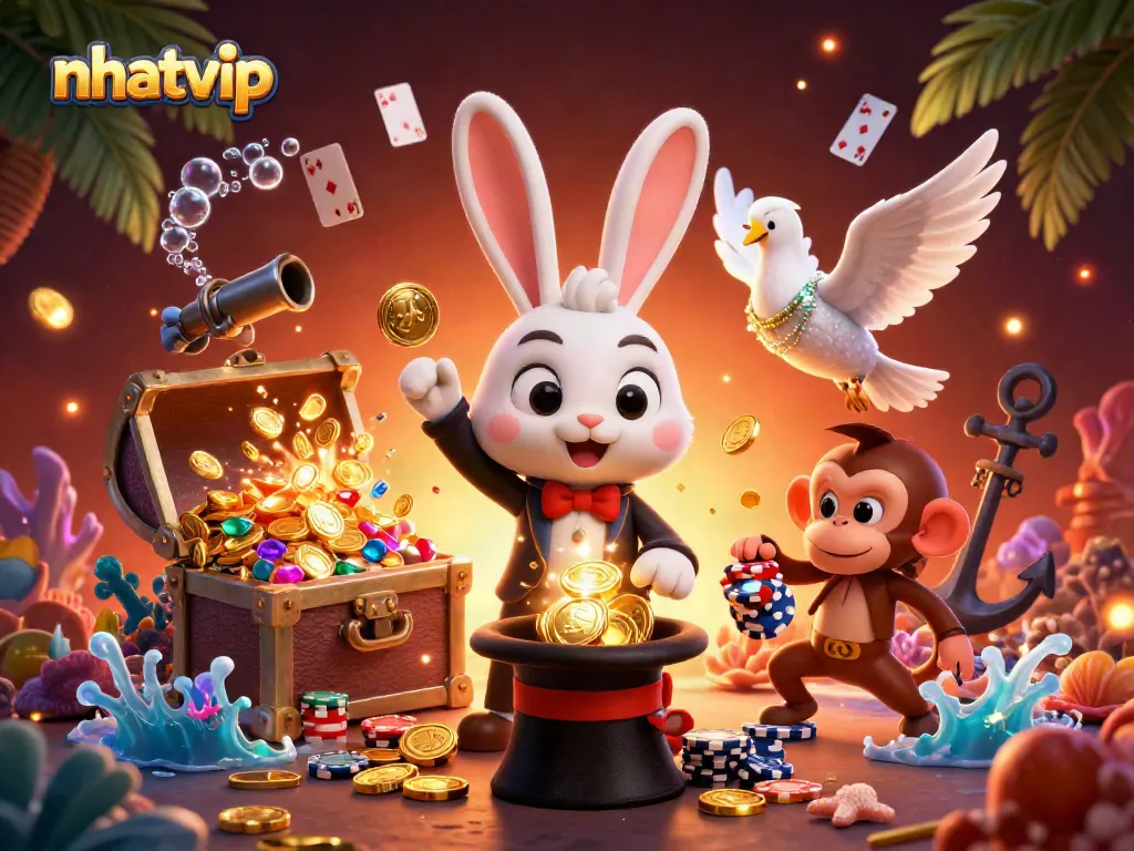 Experience the magic of Nhatvip with a rabbit, dove, and monkey in an exciting casino scene.