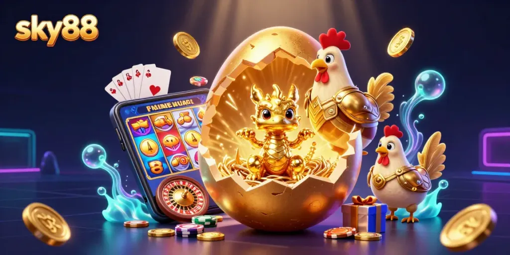 Engage with sky88's vibrant casino universe featuring golden dragon, poker chips, and colorful slot games.