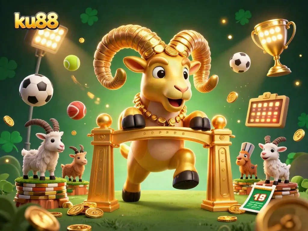 Engage with ku88, featuring a golden ram charging through a lavish casino scene with dynamic sports elements.