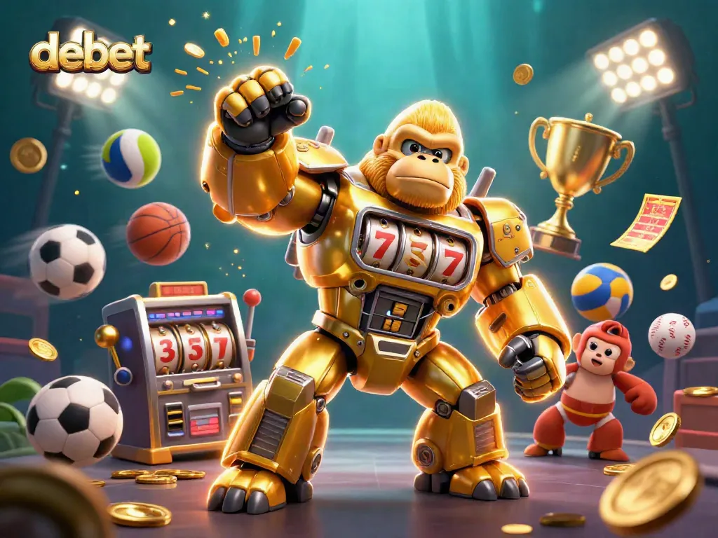 Experience the thrill of debet with a dynamic illustration of a golden gorilla mech and vibrant sports elements.