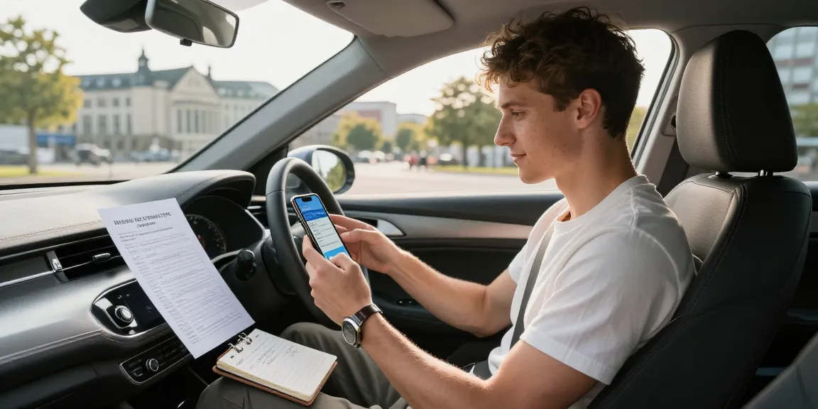 Kfz Versicherung in Dortmund vergleichen mit einem jungen Autofahrer in seinem modernen Fahrzeug und Smartphone, um Optionen zu prüfen.