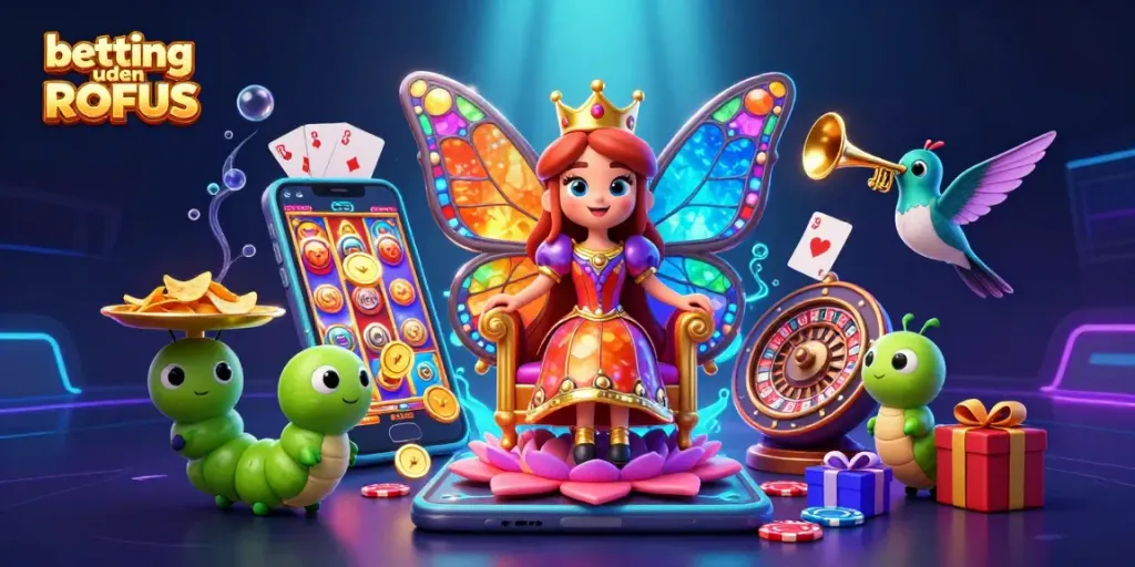 Experience betting uden ROFUS with a vibrant casino scene featuring colorful gaming elements and a butterfly queen.