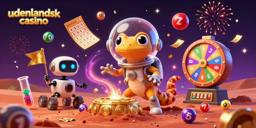 Experience the excitement of udenlandsk casino with a Martian gecko exploring a golden casino on Mars, surrounded by festive game elements.