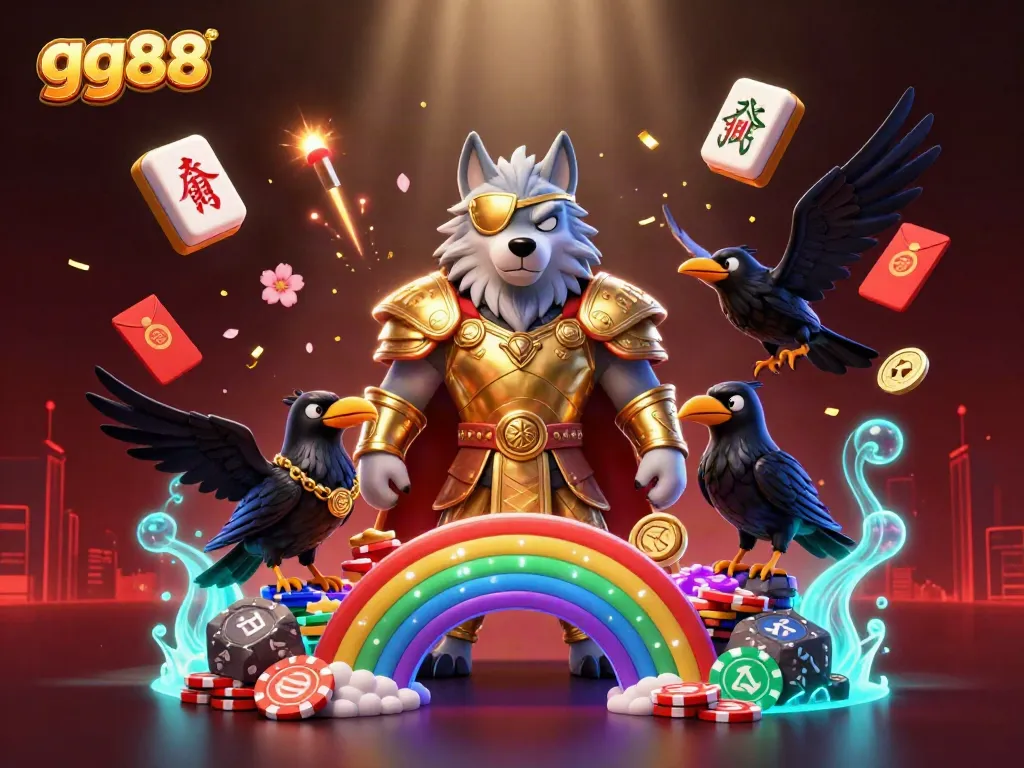 Engage with the vibrant gaming scene of gg88 featuring a mythical wolf and casino elements.