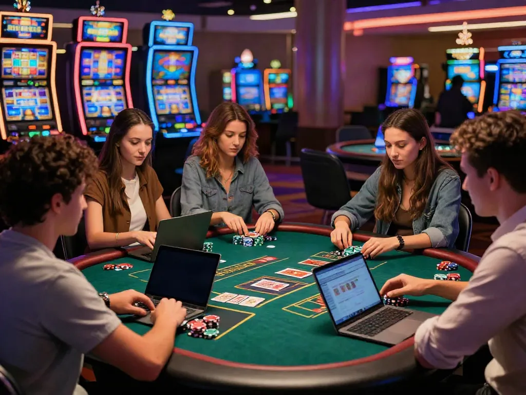 Exciting scene of players at credit card deposit casinos enjoying a vibrant gaming experience with digital slot machines in the background.