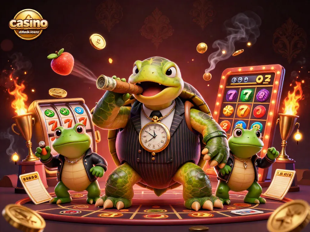 Engaging scene with characters representing casino uden dansk licens, featuring a snapping turtle and bullfrog enforcers among dynamic game elements.