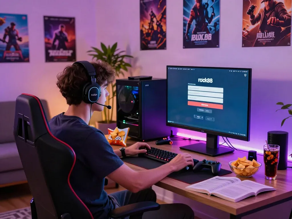Gaming enthusiast engaged in rokok88 login on a vibrant screen with ambient lighting.
