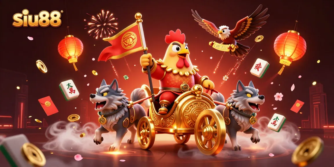 Siu88 features a 3D rooster warlord in a dynamic casino scene, engaging players with vibrant game elements.