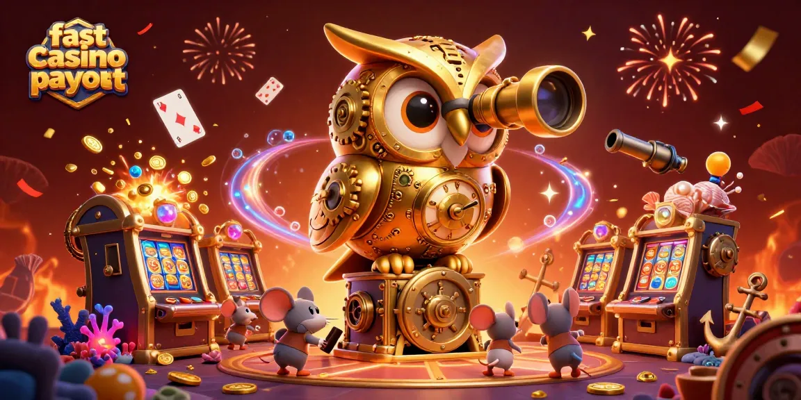 Experience fast casino payout with vibrant casino action featuring golden owl and whimsical mice.